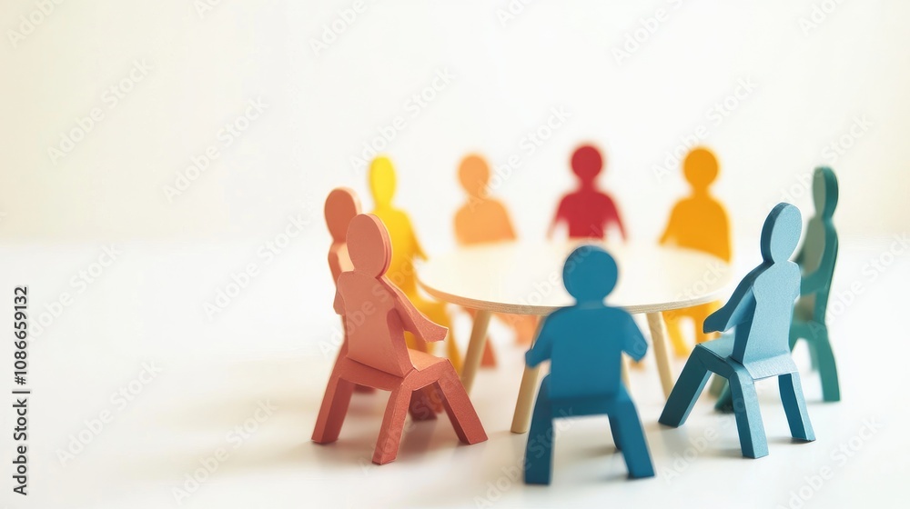 Colorful figurines sitting around a circular table in a collaborative meeting, representing teamwork, discussion, and partnership in a creative, engaging workspace setting. Colorful figurines sitting around a circular table in a collaborative meeting, representing teamwork, discussion, and partnership in a creative, engaging workspace setting.
