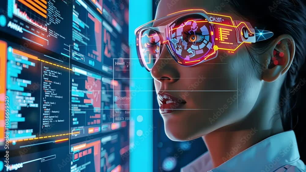 A woman in glasses examining digital interfaces with data overlaying ...