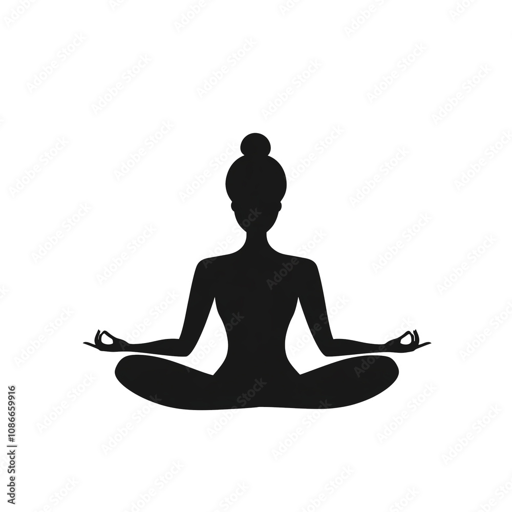 lack silhouette of a woman in the lotus yoga position, viewed from the front, set against a white background. This minimalist and elegant design embodies tranquility, mindfulness, and spiritual balanc lack silhouette of a woman in the lotus yoga position, viewed from the front, set against a white background. This minimalist and elegant design embodies tranquility, mindfulness, and spiritual balanc