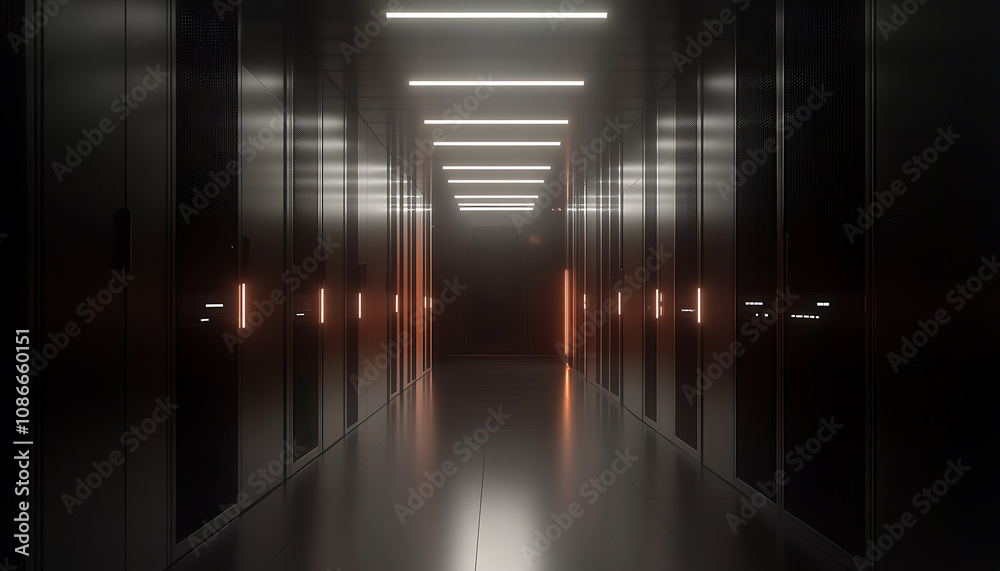 Empty server room hallway with glowing lights Empty server room hallway with glowing lights