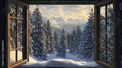 View from the window of a snowy coniferous forest photo