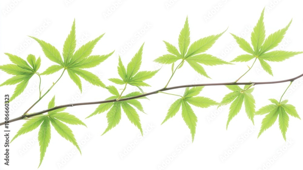 A branch of vibrant green maple leaves against a white background. A branch of vibrant green maple leaves against a white background.