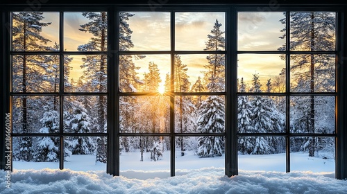 View from the window of a snowy coniferous forest photo