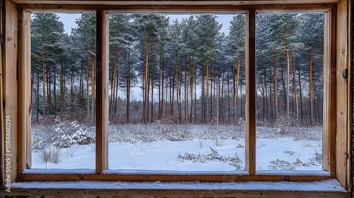 View from the window of a snowy coniferous forest photo