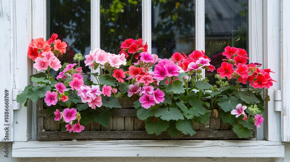 Fototapeta premium Colorful geraniums in a window box planter