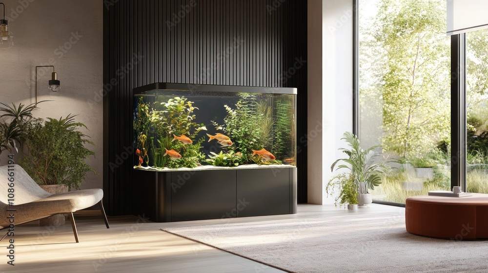 A stylish aquarium in a modern living room with lush plants and colorful fish. A stylish aquarium in a modern living room with lush plants and colorful fish.