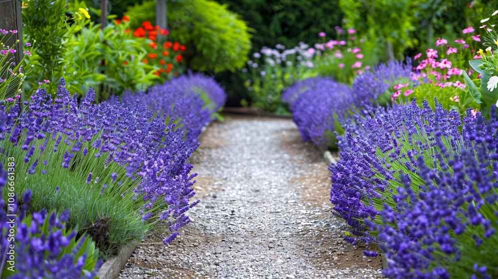 Fototapeta premium Garden path lined with blooming lavender