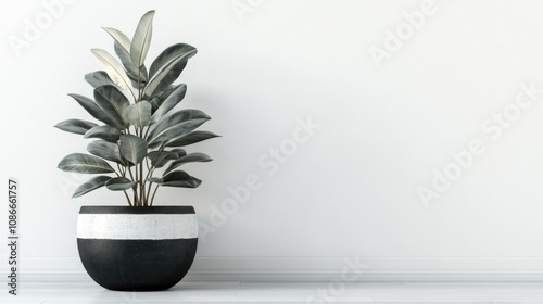 A potted plant with broad leaves in a modern, minimalistic setting.