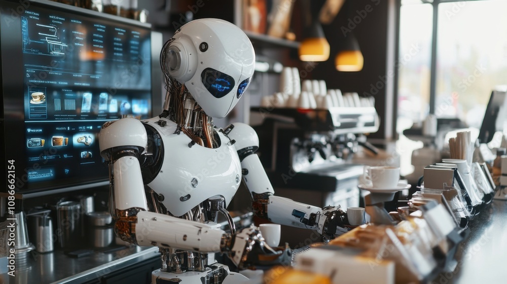 Robot barista making coffee in a cutting-edge caf with quality Robot barista making coffee in a cutting-edge caf with quality