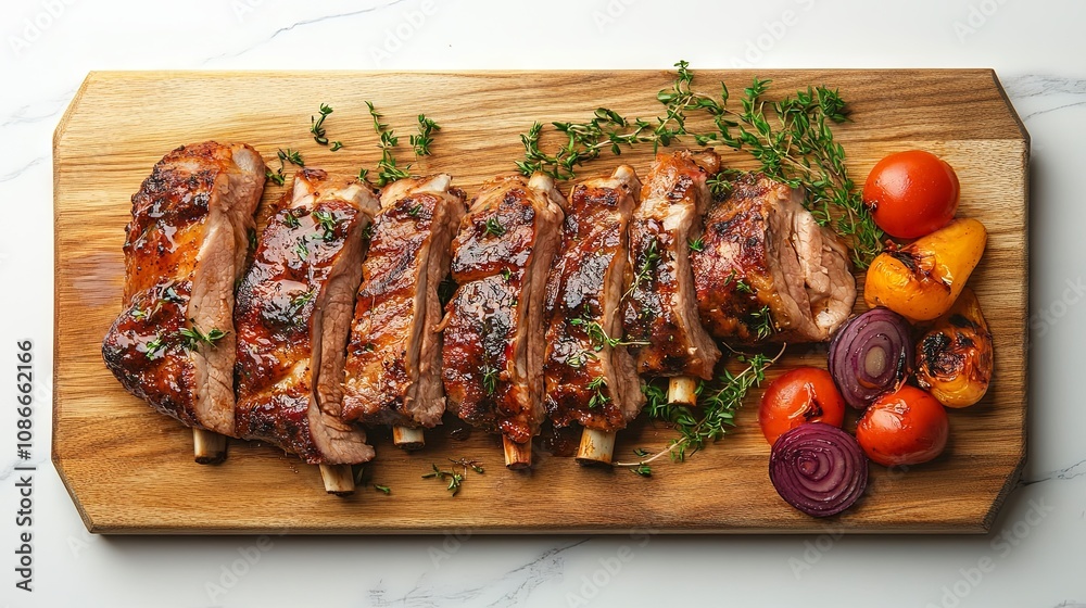 Roasted sliced barbecue pork ribs on kitchen board Roasted sliced barbecue pork ribs on kitchen board