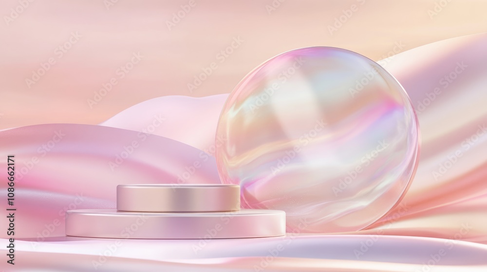 Obraz premium Surreal abstract beauty product display featuring an empty stage with a cylindrical podium and iridescent sphere against a soft pastel pink background
