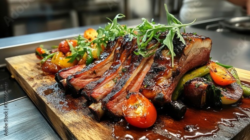 Roasted sliced barbecue pork ribs on kitchen board photo