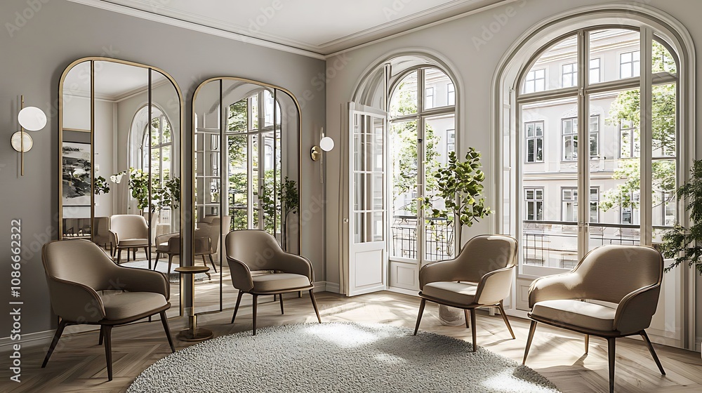 Modern living room with arched windows, beige armchairs and a rug. Modern living room with arched windows, beige armchairs and a rug.