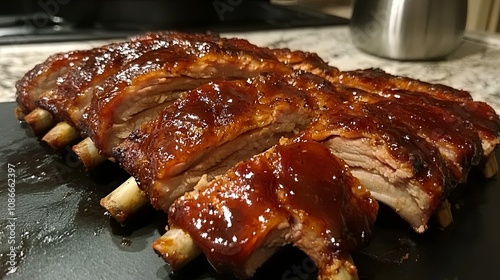 Roasted sliced barbecue pork ribs on kitchen board photo