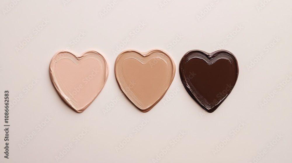 Three heart-shaped beauty foundation swatches, one in light quality Three heart-shaped beauty foundation swatches, one in light quality