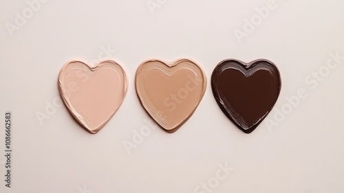 Three heart-shaped beauty foundation swatches, one in light quality