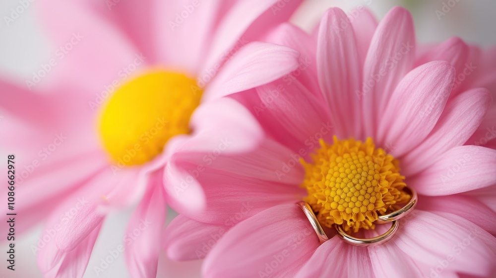 A close-up of pink daisies with wedding rings nestled in the petals, symbolizing love and commitment. A close-up of pink daisies with wedding rings nestled in the petals, symbolizing love and commitment.