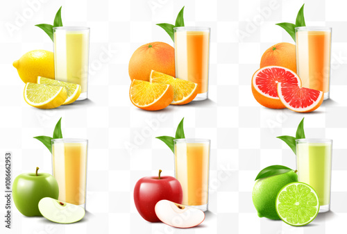 Set of fruit juices or smoothies isolated on transparent background. Bright exotic fruit cocktail in a glass with ripe fruits. Realistic 3d vector illustration. Summer design. Healthy food,