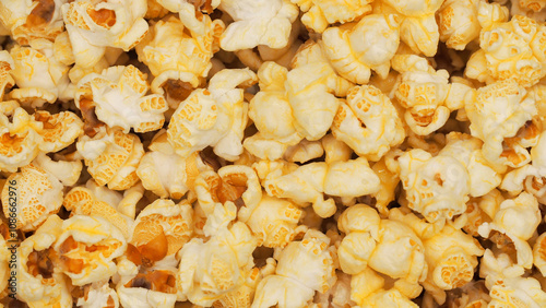 A scattered popcorn texture background with irregular clusters of fluffy popcorn pieces, varying in size and shape. perfect for casual or whimsical designs