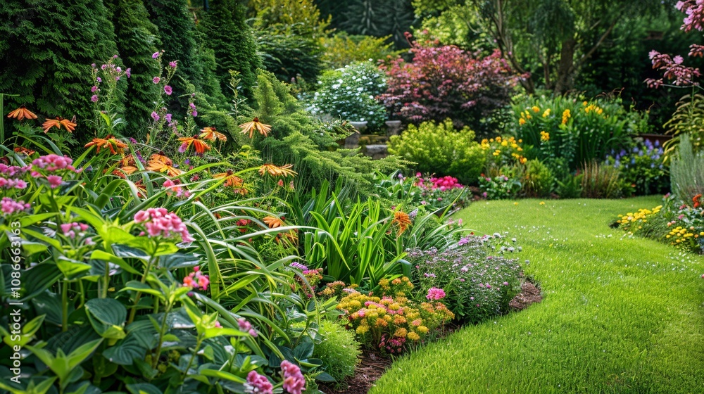 Obraz premium Garden with a variety of blooming perennials