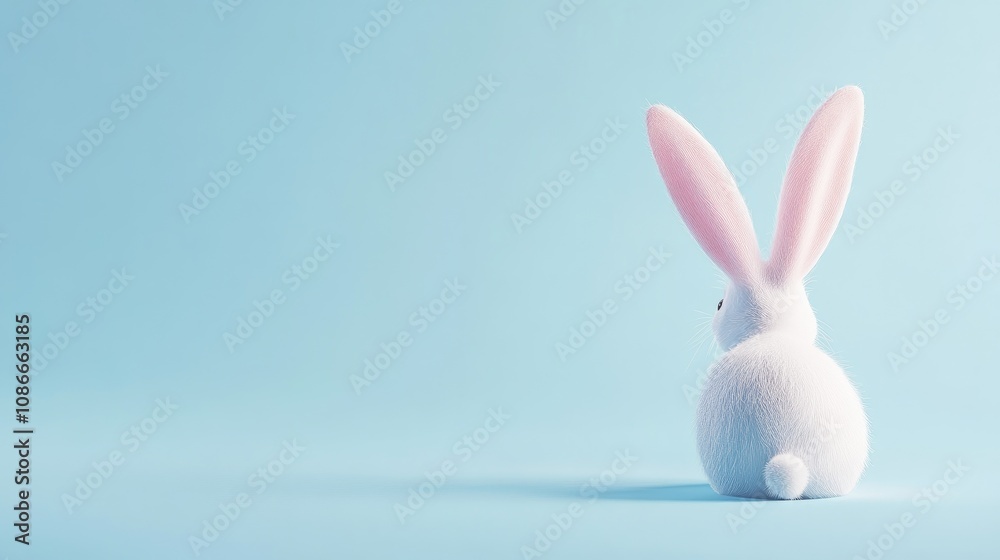Playful white bunny with oversized pink ears sitting against a soft blue background, evoking a lighthearted Easter theme. Playful white bunny with oversized pink ears sitting against a soft blue background, evoking a lighthearted Easter theme.