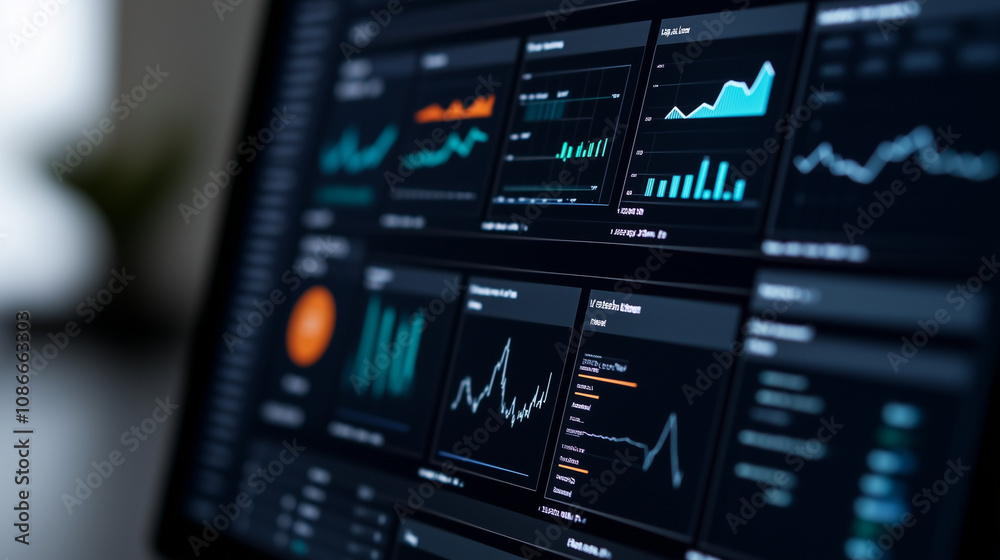 Fototapeta premium Dynamic Charts Displayed on a Desktop in a Dark Setting