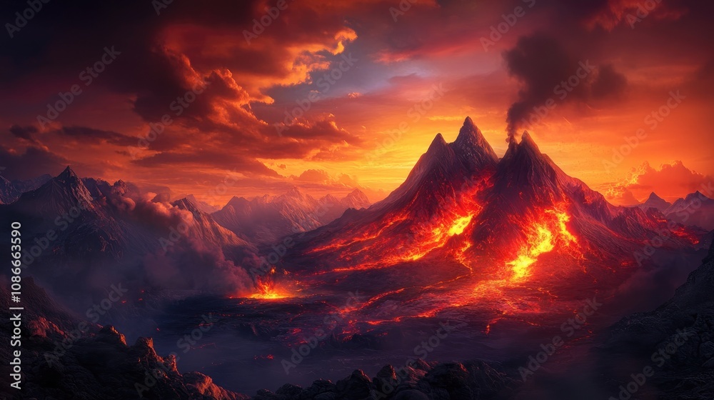 Majestic volcanic landscape illuminated by vibrant lava flows at sunset, showcasing nature's awe-inspiring power and beauty with dramatic clouds above. Majestic volcanic landscape illuminated by vibrant lava flows at sunset, showcasing nature's awe-inspiring power and beauty with dramatic clouds above.