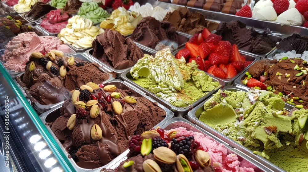 A variety of ice creams, each topped with fresh fruits and crunchy nuts. The mix of sweet, creamy textures with the vibrant toppings offers a delightful and refreshing treat. A variety of ice creams, each topped with fresh fruits and crunchy nuts. The mix of sweet, creamy textures with the vibrant toppings offers a delightful and refreshing treat.