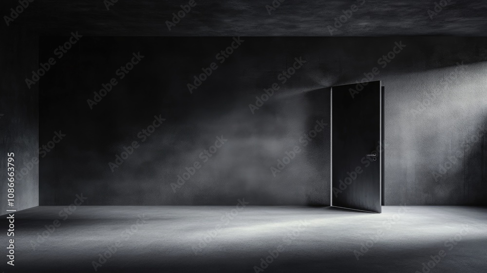 Open door in a dimly lit, empty room symbolizing new beginnings and limitless opportunities with a beam of light illuminating the space. Open door in a dimly lit, empty room symbolizing new beginnings and limitless opportunities with a beam of light illuminating the space.
