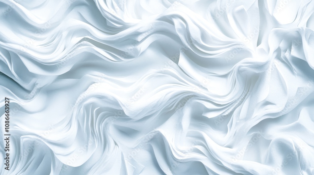 Fototapeta premium Crumpled white paper texture featuring abstract waves and a distressed appearance, perfect for cards, flyers, and posters. Evokes a soft, artistic feel.