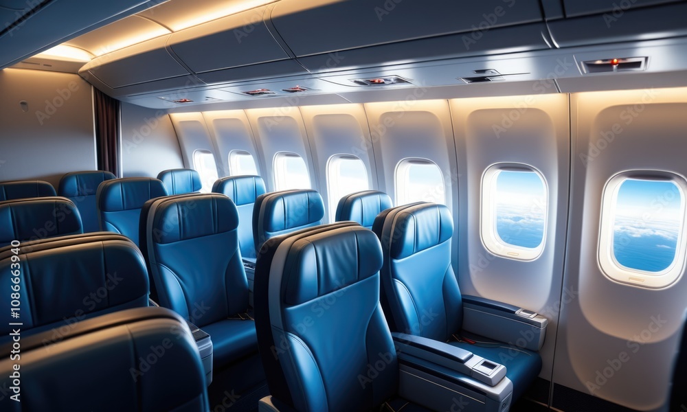 Spacious and modern airplane cabin with blue seats in daylight Spacious and modern airplane cabin with blue seats in daylight