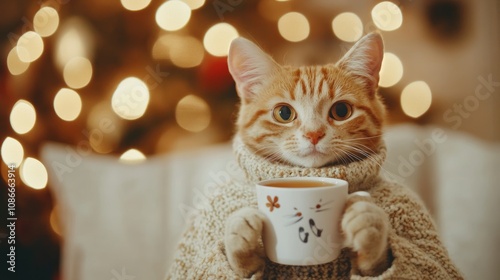 Charming cat wrapped in a cozy sweater, contentedly holding a warm cup of tea in its paws photo