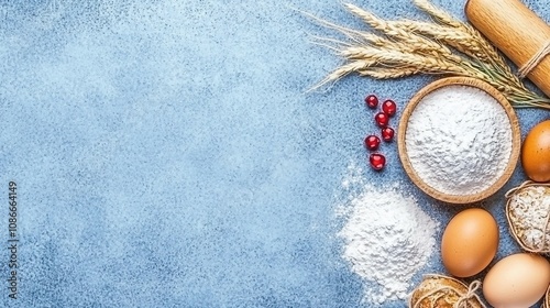 Fresh Ingredients for Baking with Flour, Eggs, Barley, and Berries on a Blue Background, Perfect for Culinary and Cooking Themes photo