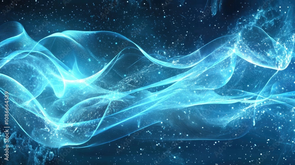 Fototapeta premium Futuristic blue digital landscape with flowing waves, interconnected neural networks, and cyber quantum computing elements set against a starry background, innovation, networking.