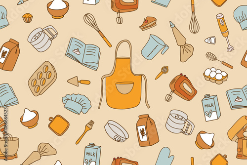 Colorful fashion pattern of accessories for pastry chef, cook. baking accessories. Set of kitchen utensils for cooking in doodle style. Vector.