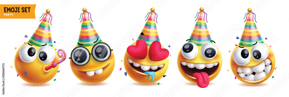 Fototapeta premium Emoji happy birthday vector characters set. Birthday emojis wearing rainbow hat costume in blowing, funny, in love, drooling, goofy and cute faces yellow icon clipart. Vector illustration mascot emoji