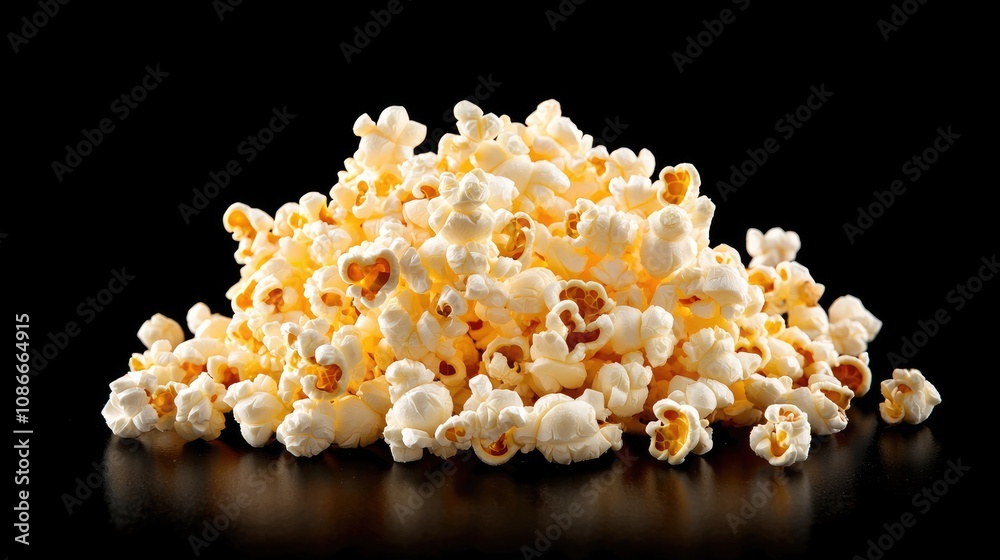 Freshly Popped Popcorn Pile on Black Background Perfect for Movie Nights, Snacks, or Events - Explore the Crunchy and Tasty Treat for Any Occasion Freshly Popped Popcorn Pile on Black Background Perfect for Movie Nights, Snacks, or Events - Explore the Crunchy and Tasty Treat for Any Occasion