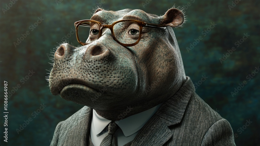 Obraz premium Thoughtful humanoid hippopotamus dressed in a grey suit and glasses, posing elegantly with a textured water backdrop.