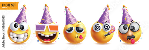 Birthday emoji vector characters set. Emojis clip art wearing purple hat in funny, cool, in love, dizzy and tired yellow icon graphic design elements. Vector illustration birthday party emoji costume 
