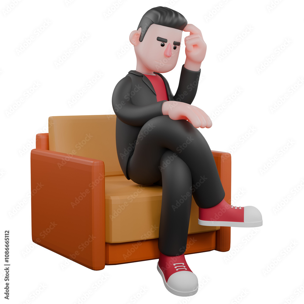 Choreographer Cartoon Character in 3D. A male choreographer sits on a sofa with his legs folded and his left hand touching his hair. Dance Artist Choreographer Cartoon Character in 3D. A male choreographer sits on a sofa with his legs folded and his left hand touching his hair. Dance Artist