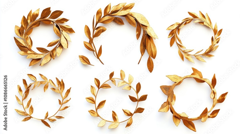 Set of elegant golden olive crown laurels with varying designs, showcasing intricate leaf arrangements and circular forms for decorative use. Set of elegant golden olive crown laurels with varying designs, showcasing intricate leaf arrangements and circular forms for decorative use.