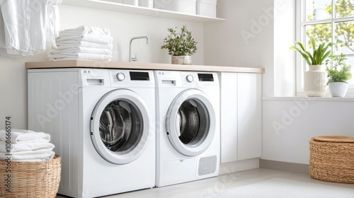 Modern Laundry Room with White Appliances, Stylish Shelving, Fresh Towels, and Natural Light in a Beautifully Designed Space for Home Care and Organization