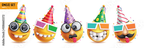Happy birthday emoji vector characters set. Emojis clip art wearing 3d sunglasses, colorful party hat in funny, tired and naughty character costume elements. Vector illustration birthday party emoji 
