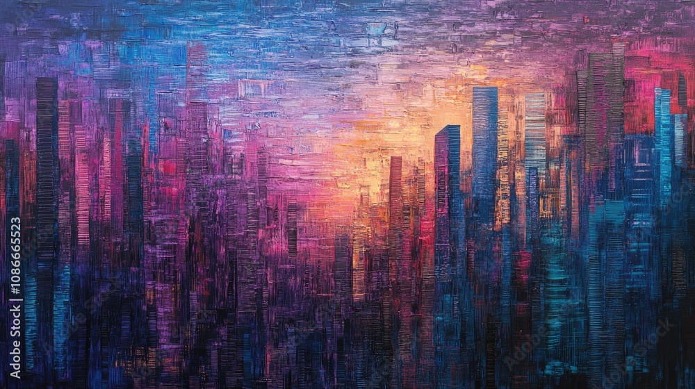 Obraz premium Tranquil cityscape at dawn or dusk showcasing a vibrant palette of blue, purple, amber, red, and gold hues with abstract urban silhouettes.