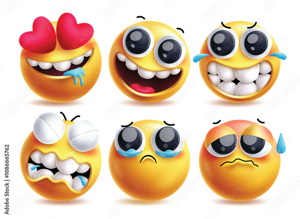 Drooling emoji vector characters set. Emojis clip art like in love, cute smiling, funny, crying, sad and sick facial expression yellow icon 3d graphic design. Vector illustration drooling emoji Drooling emoji vector characters set. Emojis clip art like in love, cute smiling, funny, crying, sad and sick facial expression yellow icon 3d graphic design. Vector illustration drooling emoji