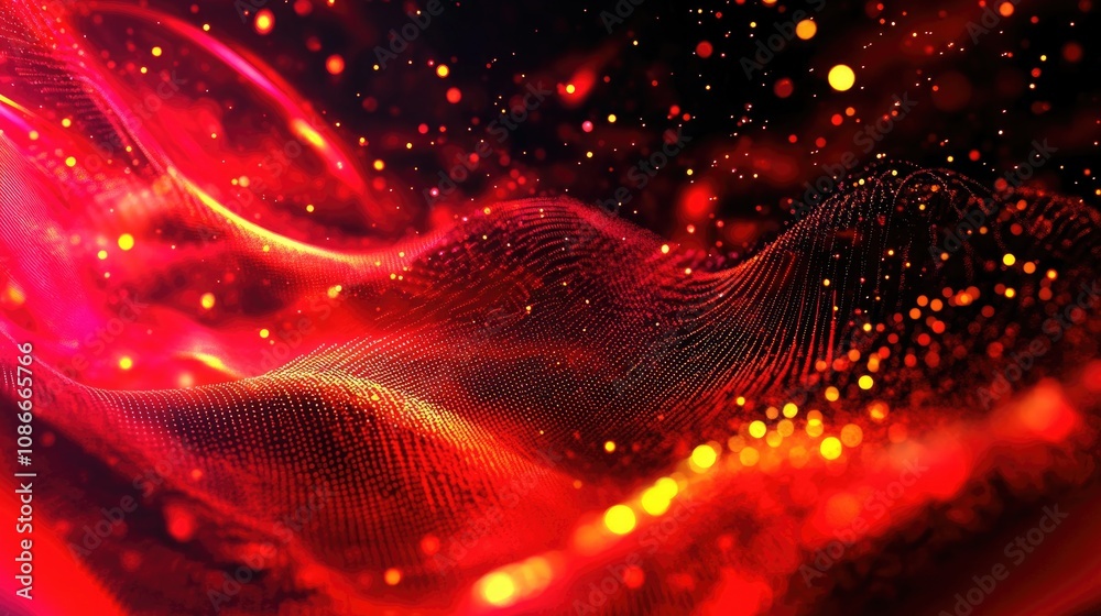 Obraz premium Glowing Red Particles Forming Dynamic Wave Patterns on Black Background, Creating Futuristic Digital Landscape with Lights and Textures, Ideal for Tech and Design Themes