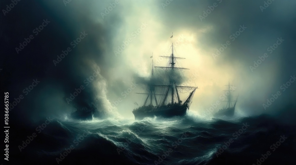 Naval engagement scene featuring a historic warship battling an enemy fleet amid stormy seas and dramatic lighting. Naval engagement scene featuring a historic warship battling an enemy fleet amid stormy seas and dramatic lighting.