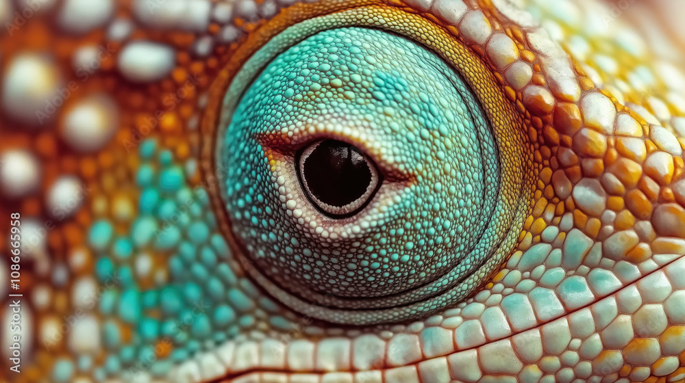 Obraz premium A reptile eye in on-trend colors.Fascinating close-up of a chameleon's eye, showing off its intricate patterns and vibrant colors.