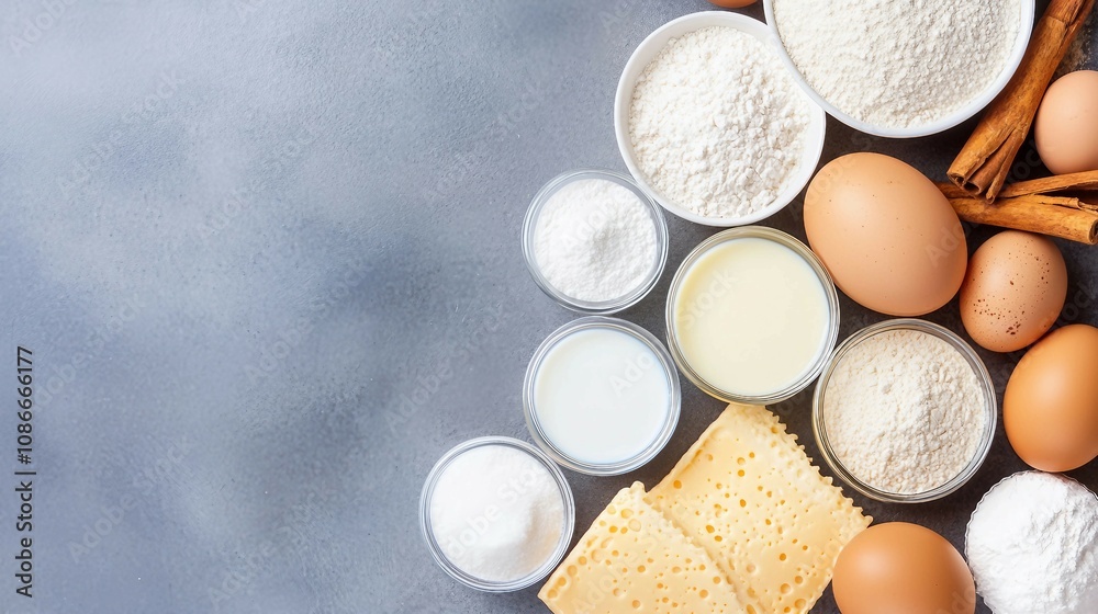 Various Ingredients for Baking and Cooking Displayed on a Gray Surface Including Eggs, Flour, Sugar, Milk, Cheese, and Spices for Culinary Preparation Various Ingredients for Baking and Cooking Displayed on a Gray Surface Including Eggs, Flour, Sugar, Milk, Cheese, and Spices for Culinary Preparation