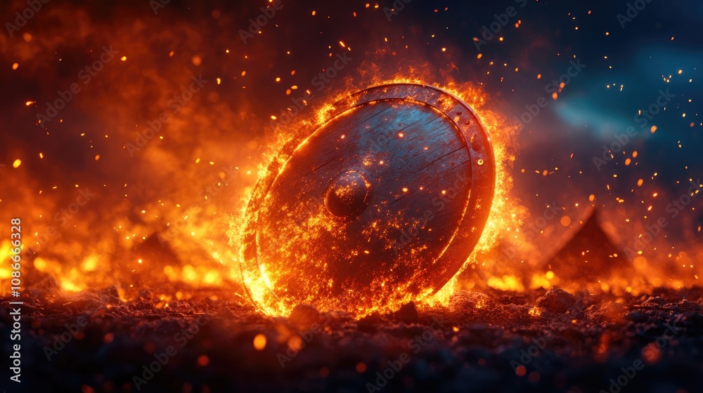 Obraz premium Viking shield engulfed in fiery embers at a devastated village, illustrating the dramatic aftermath of an ancient conflict in an atmospheric setting.